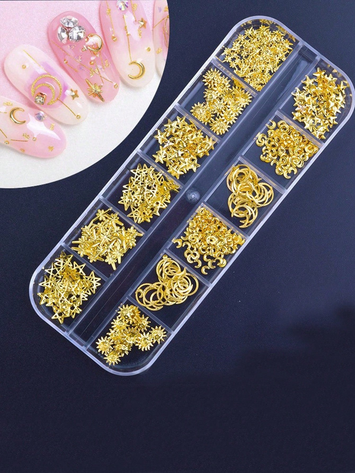 12 Grids Moon Star Nails Gold Metallic Nail Sequins Charms 3D Nail Art Tips