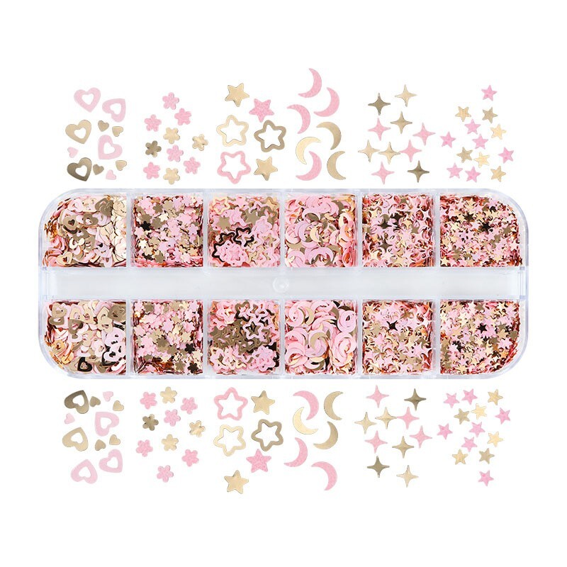 Pink & Gold Moon Star Love Mixed Shape Nail Art Glitter Sequins for Flakes Nails