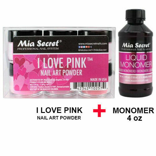 New Mia Secret Monomer 4 Ounce + I LOVE PINK Nail Art Powder 6 Colors Set