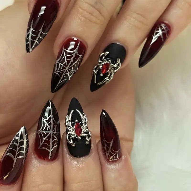 24pcs (1Pack) Halloween Press On Nails Black Red Spider Web Gothic Nail Art Set