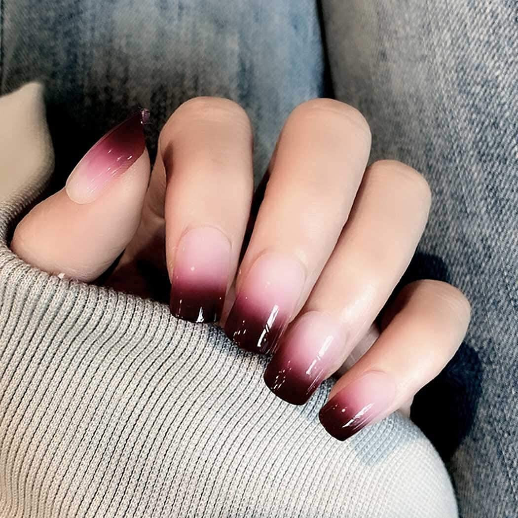 24 Short Press on Nails kit w glue Red Ombre goth dark burgundy bude