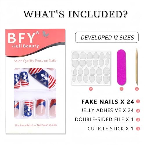 4th of July Press on Nails 1 Count (Pack of 24) 08.red blue French silver star