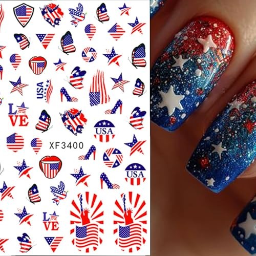 8 Sheets Independence Day Nail Stickers Blue Red Nail Decals Flag Blue, Red-8