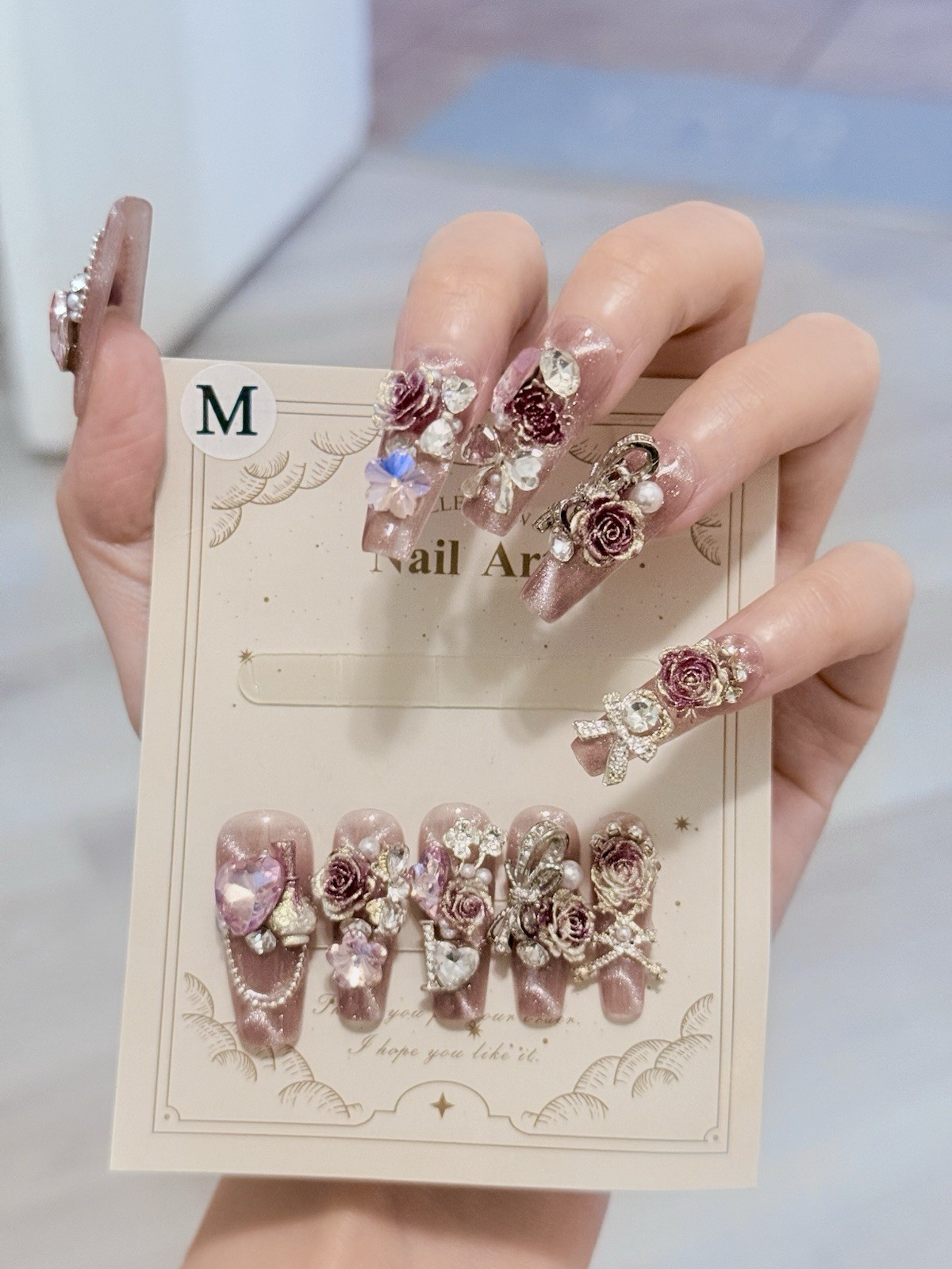 10pcs Handmade Rose Fake Nail Press On/Glue On Nails Size M(Read Description)