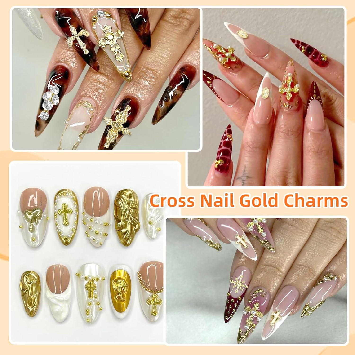 60 Pcs Gold Coss Nail Charms, 12 Styles 3D Cross Gold Nail Charms Crosses Star N