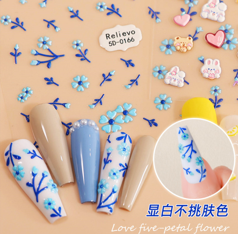 5D Embossed Petal Daisy Flower Heart Bear Snowflake Nail Stickers Manicure NS54