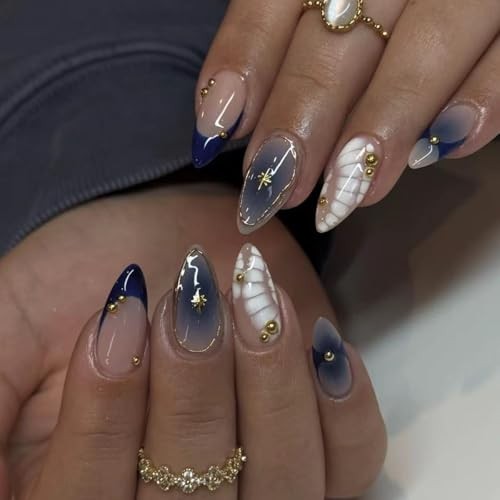 Short Almond Ombre Nails – Blue French Design C04 – Press on Nails