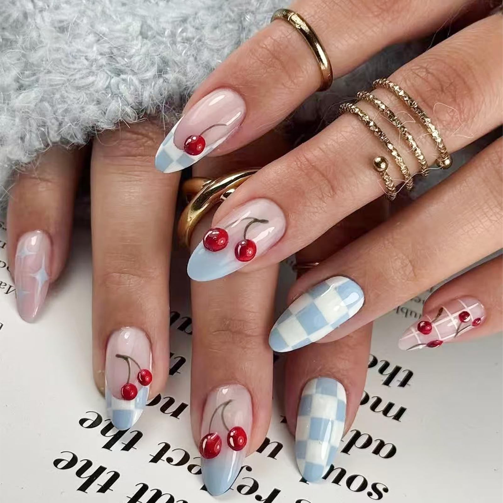 24Pcs Lattice Press on Nails Medium Almond Fake Nails with Cherry Design Glue…