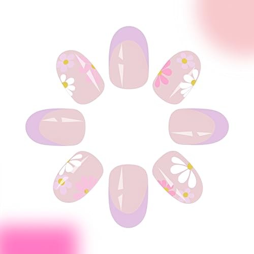 24Pcs Press on Nails Short Almond French Colorful Purple French Tip Daisy