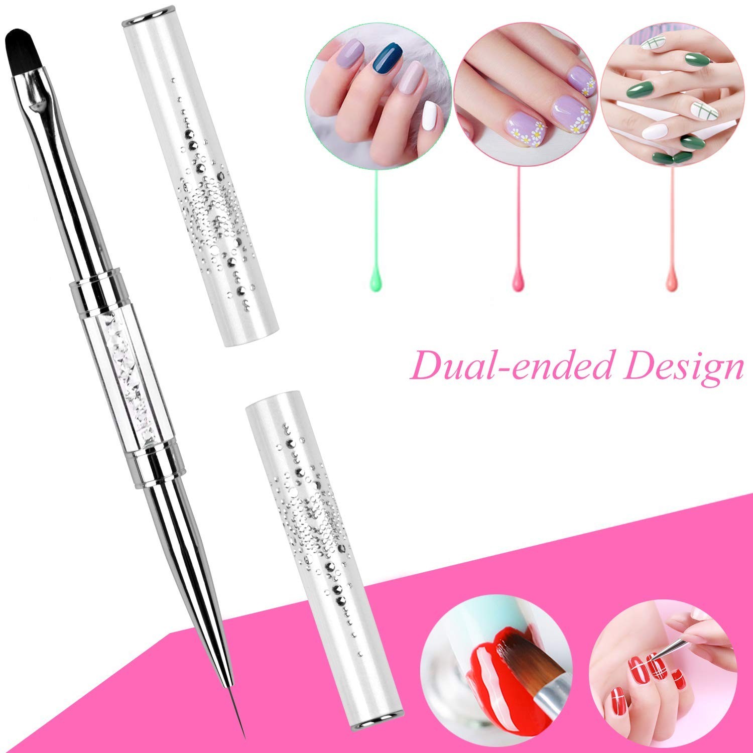 1Pcs Dual-ended UV Builder Gel Nail Brush Rhinestone Handle Nail Art Liner Br…