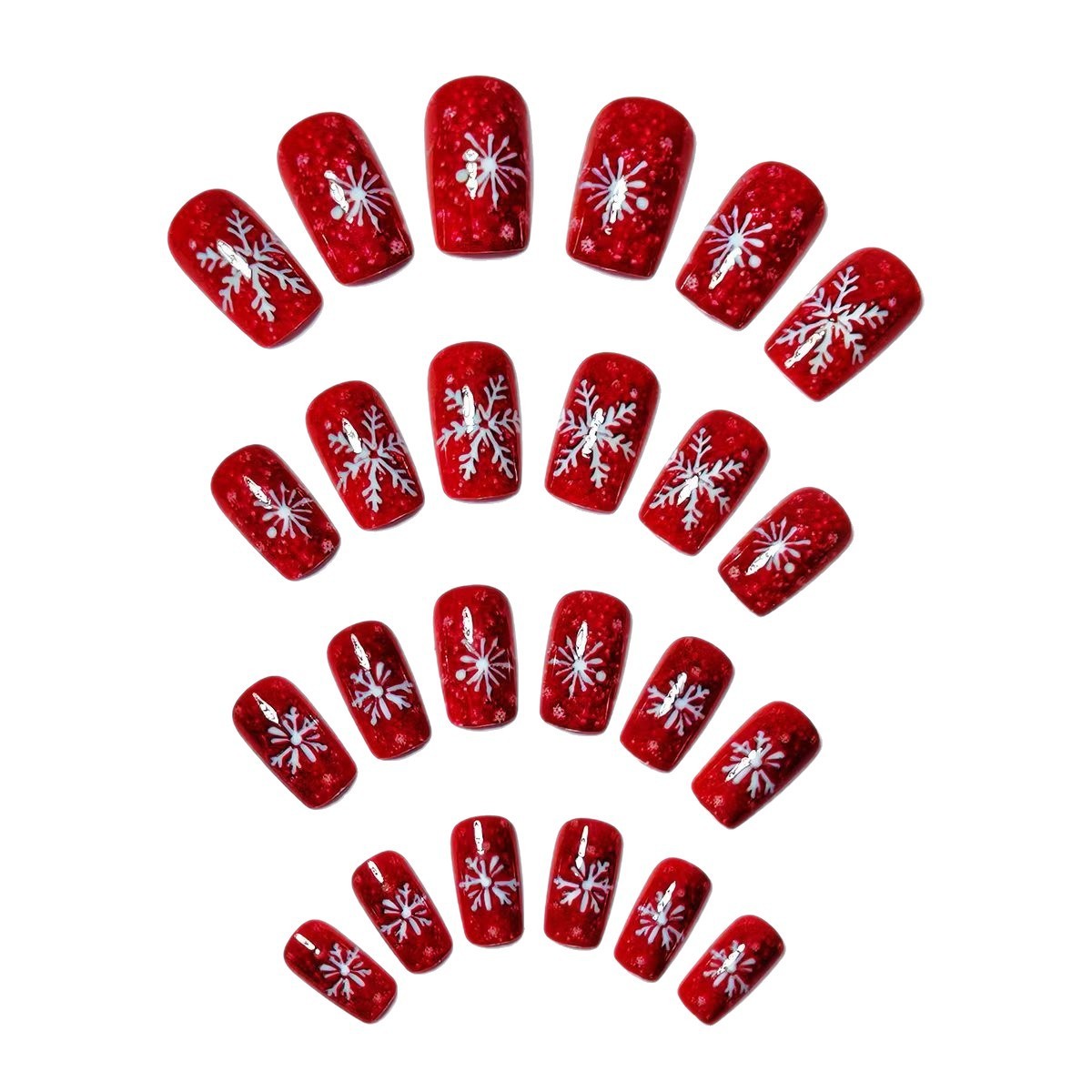 48PCS Red Glitter White Snowflake Press-On Nails Christmas Festive Fake Nails