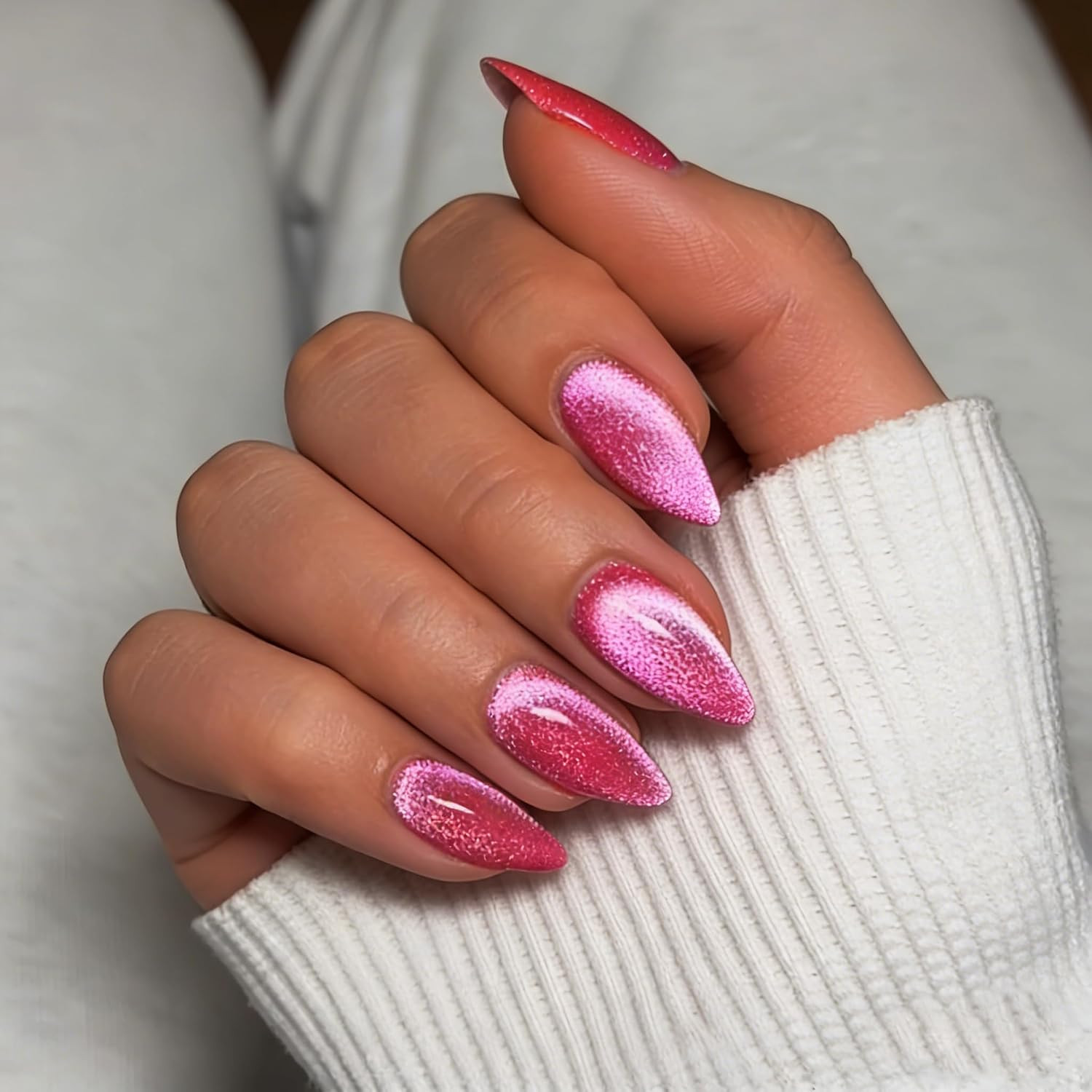 Cat Eye Warm Brown Press on Nails Almond, Glitter Press on Nails Medium, Sparkly