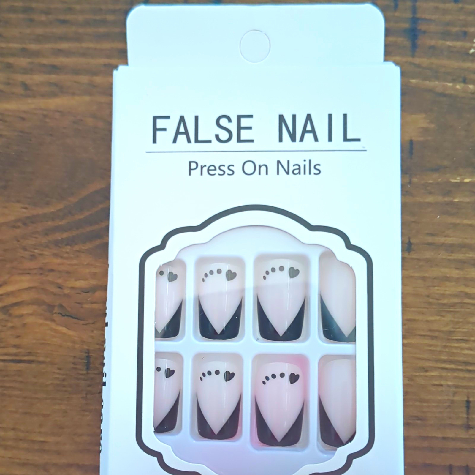 Pink & Black French Tip Heart Press-On Nails, Short Square, Pre-Designed
