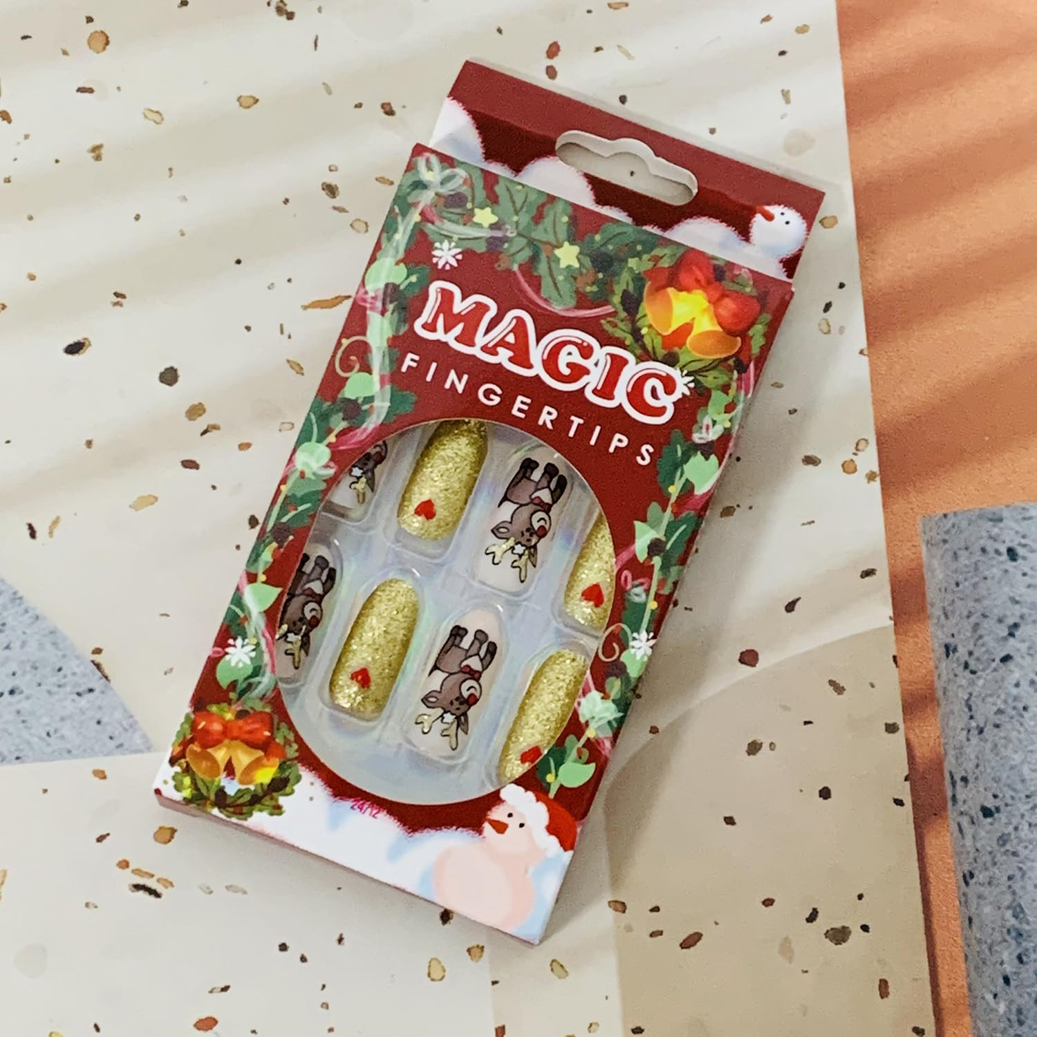 Christmas Press on Nails Oval Long Length, 24Pcs Gold Artificial Winter Fake Nai