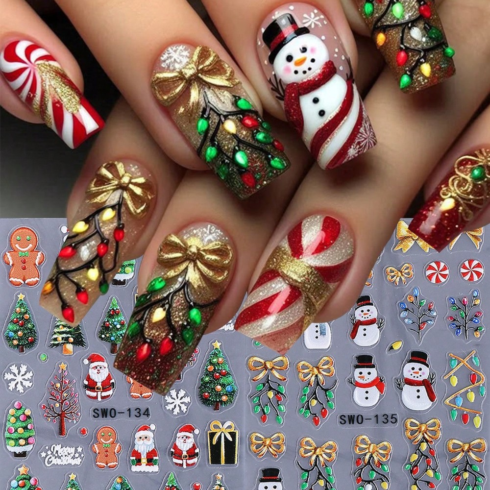 4Pcs 3D Christmas Nail Stickers Self-Adhesive Festive Nail Art Decals for Xmas