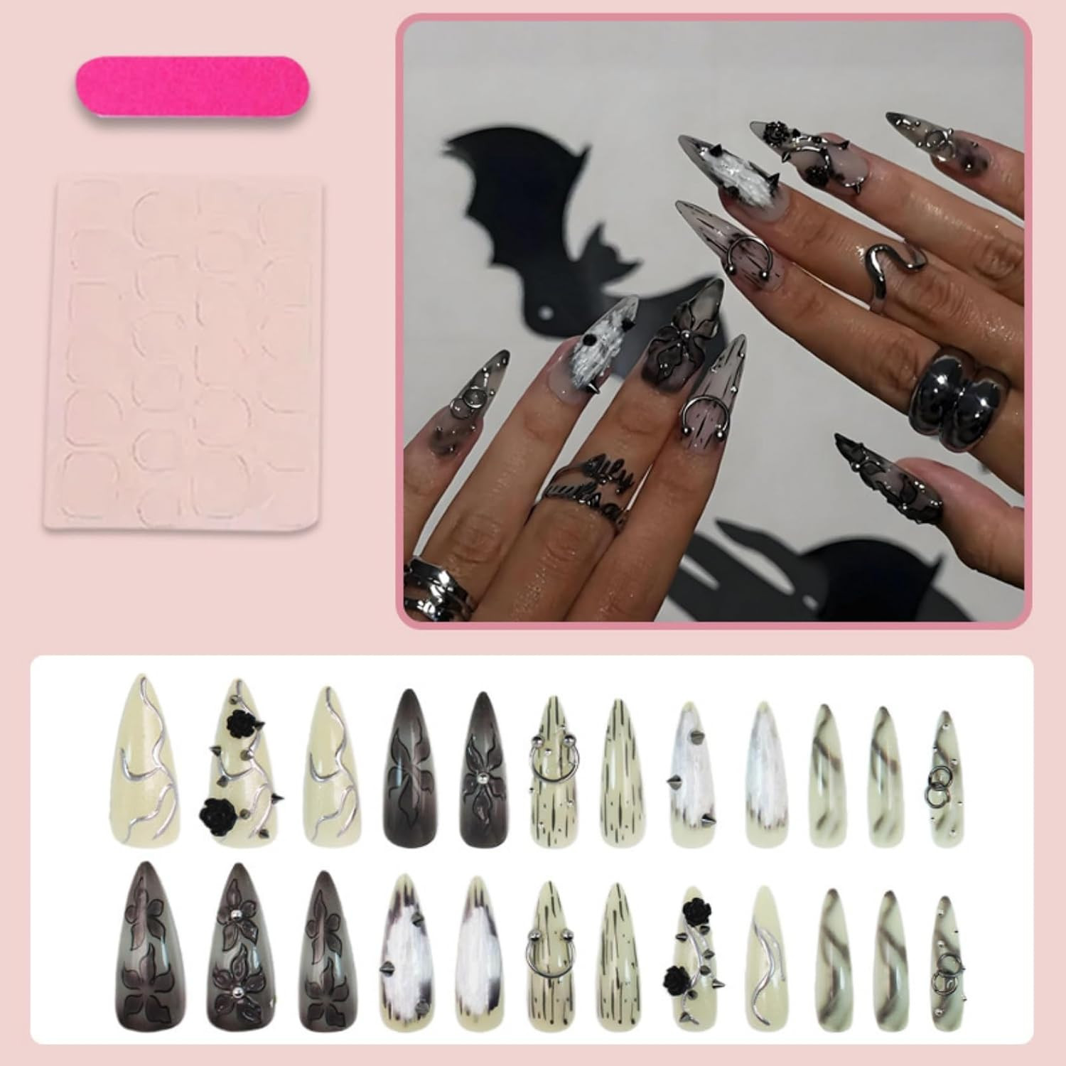 Gothic Punk Style Press on Nails with Black Roses, Metal Spikes & Chains Long Al