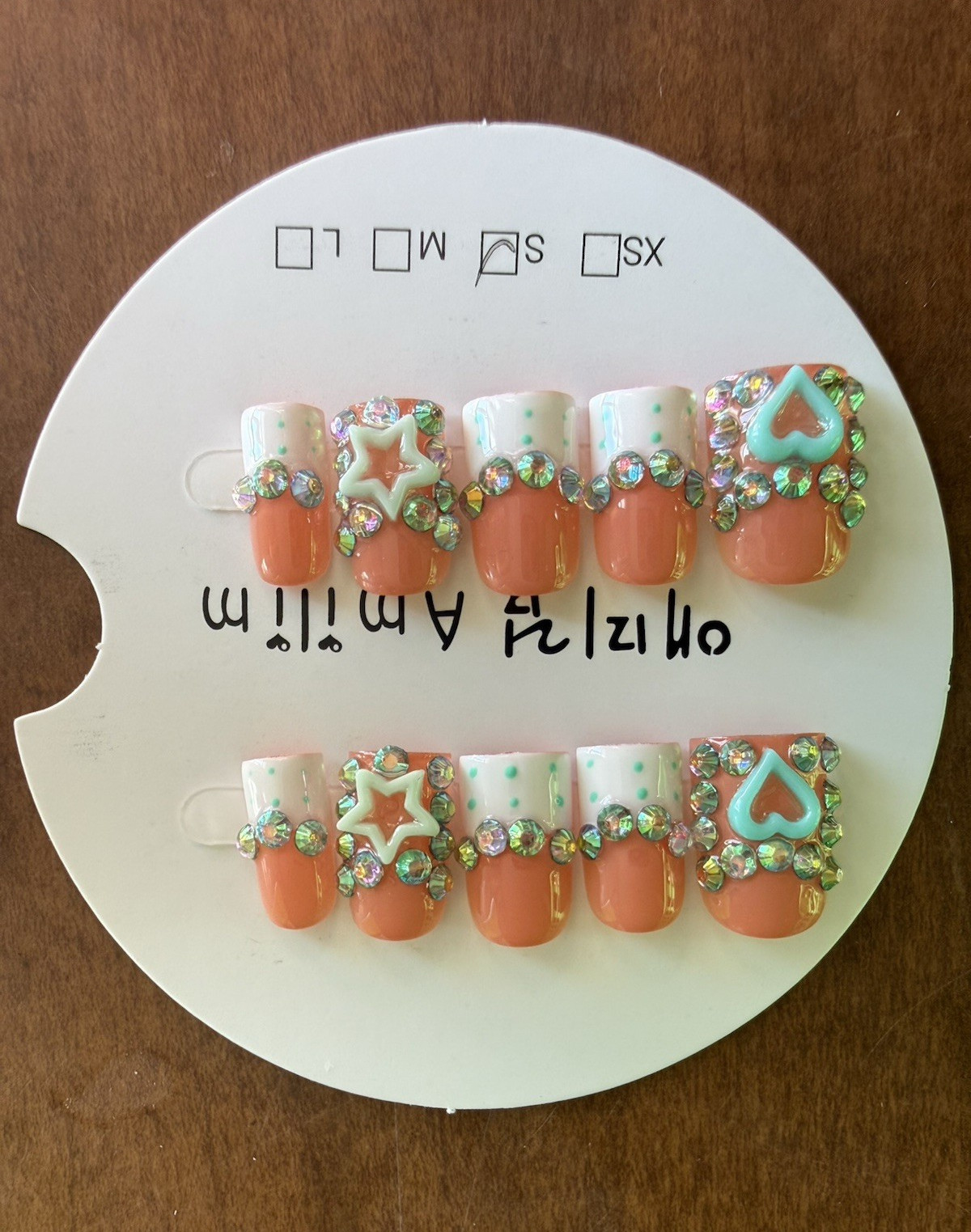 Amilim Press-On Nails Short Square Peach White Green 3D Heart Star Pre-Designed