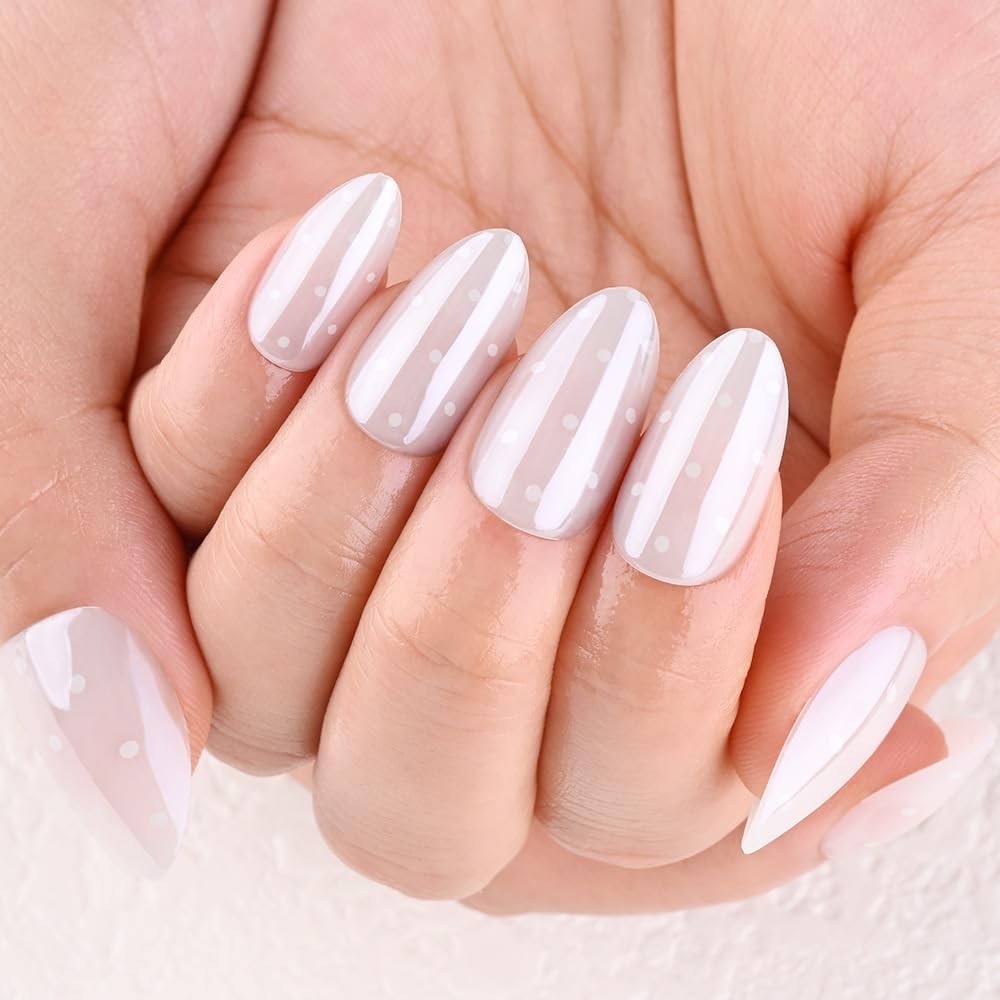 evpct Short Almond Glazed White Dot Press on Nails