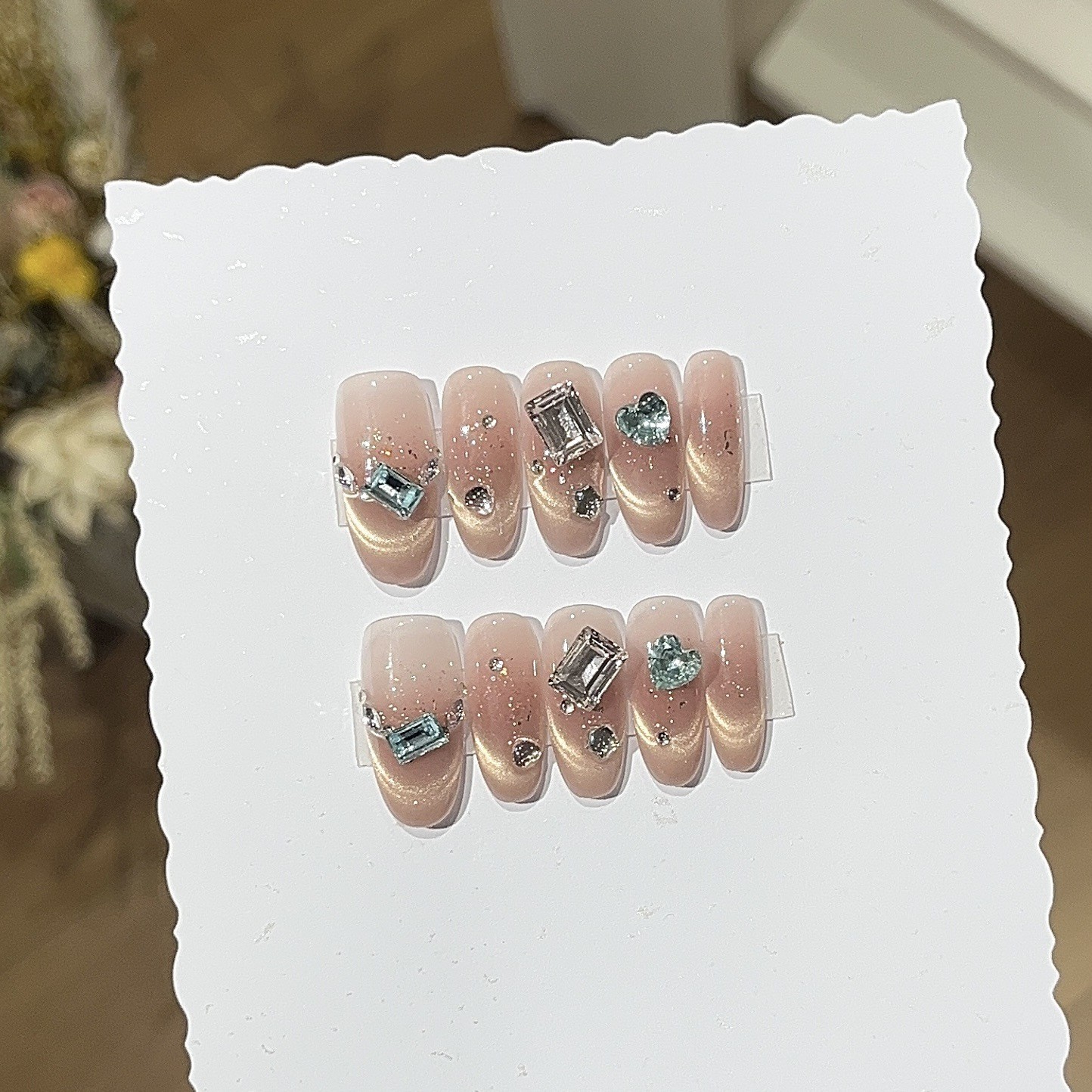 10Pcs Handmade Orange Cat Eye Nails Glitter Rhinestone Youth Daily Style
