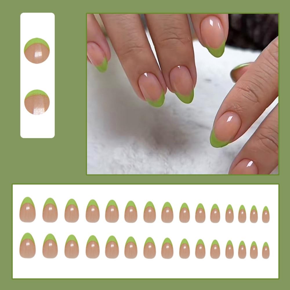 Green French Tip Press on Nails Short Almond Nude Fake Nails Press ons Artifi…
