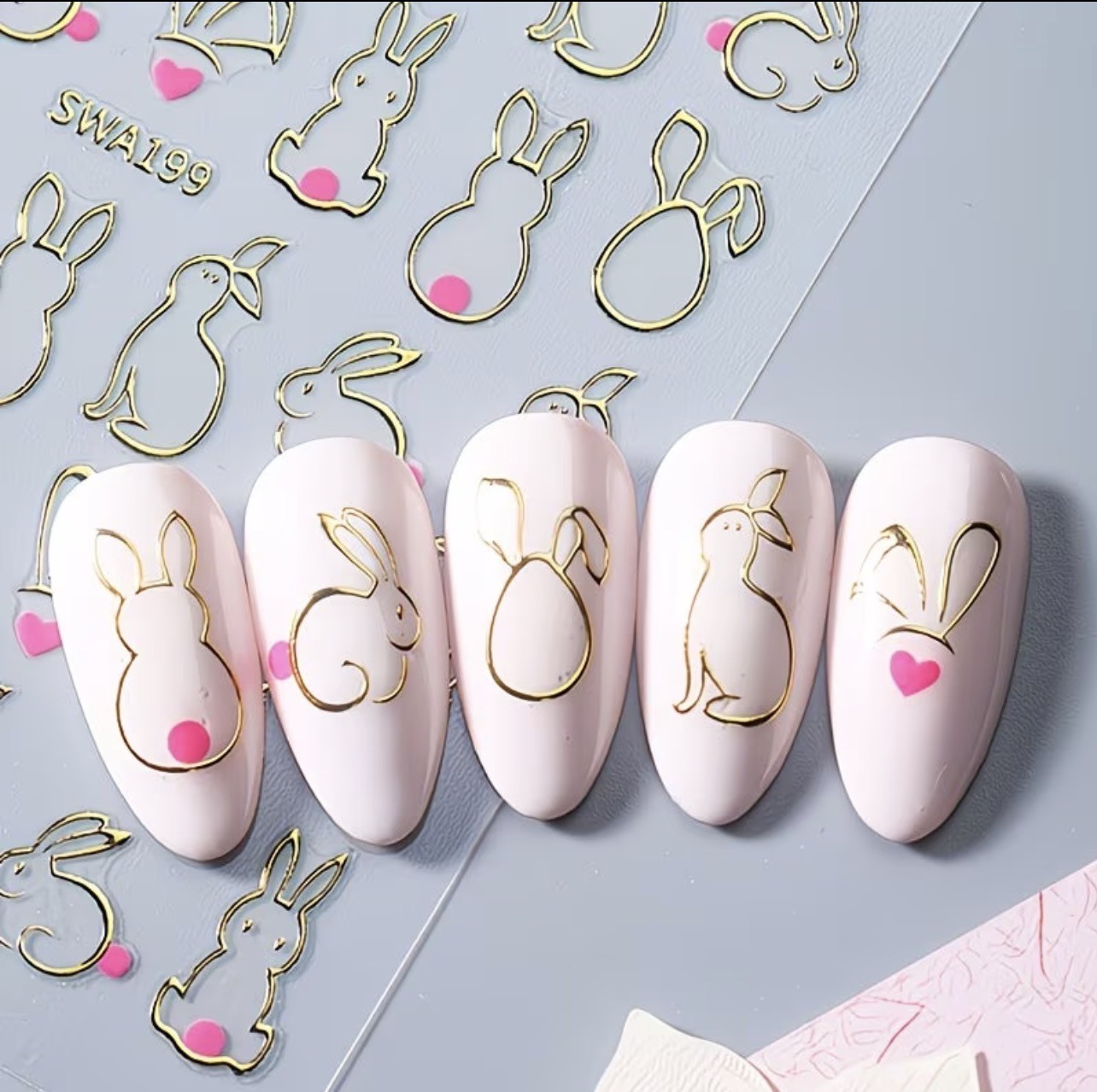 3D Easter Bunny Nail Art Stickers Metallic Gold Silver Rabbit Decals DIY SWA199