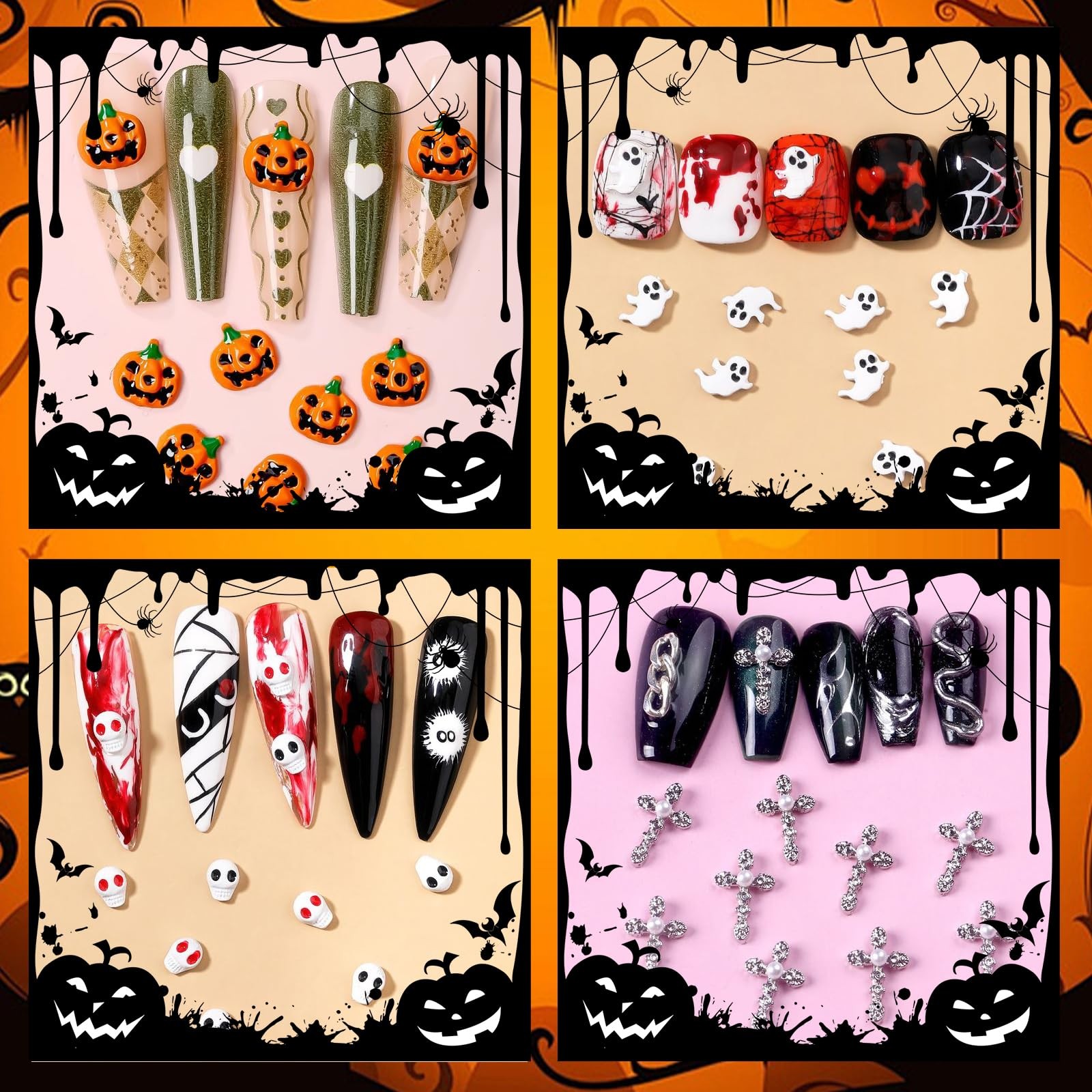 32 Pcs Halloween Nail Charms, 16 Styles Halloween Nail Art Charms Skull Pumpk…