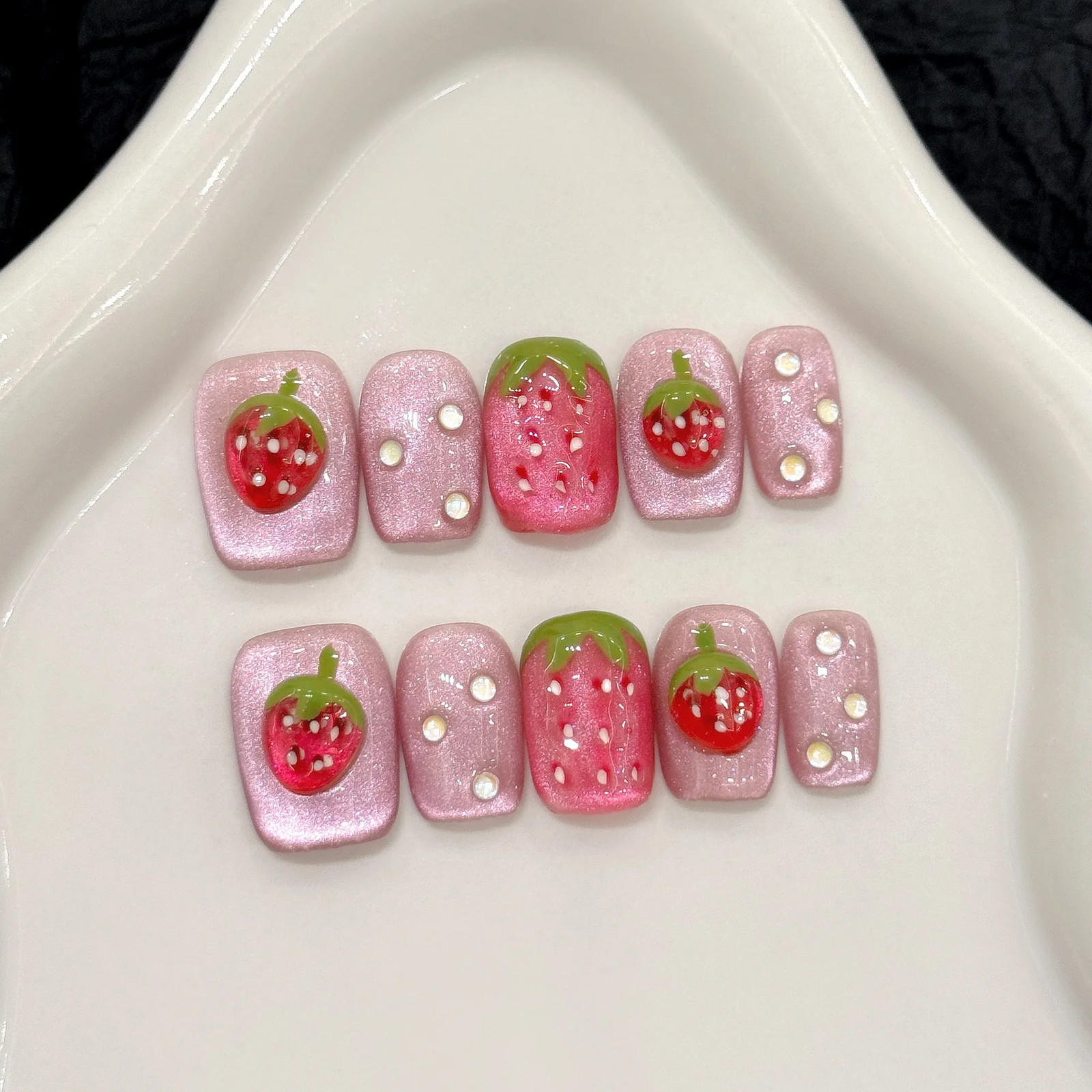 10pcs Cute Nails Pink Bowknots Flower Pearl Decor French Handmade Fake Nail