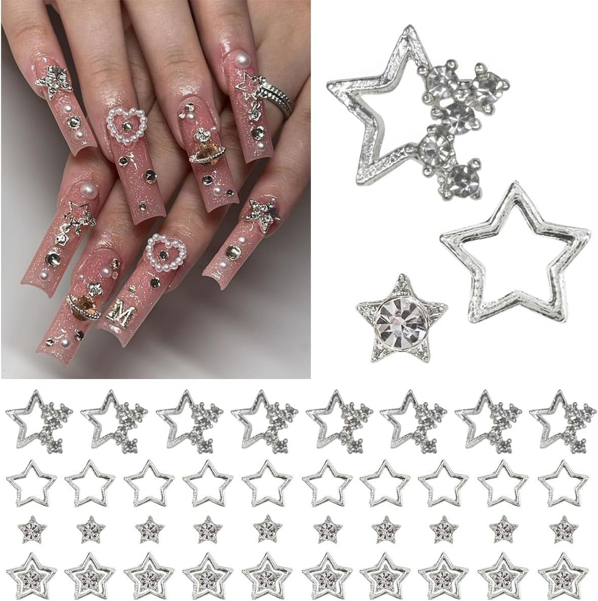Planet Nail Charms, 54 Pcs 3D Nail Rhinestones Shiny Silver Saturn Shape, Nail A
