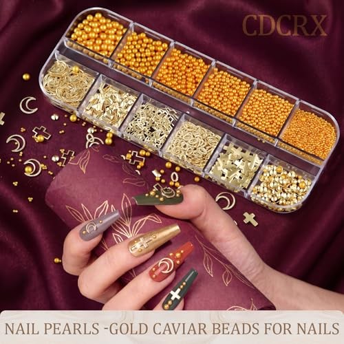 Gold Nail Charms Kit, CDCRX 8 Boxes 3D Nail Art Decorations with Gold Studs,