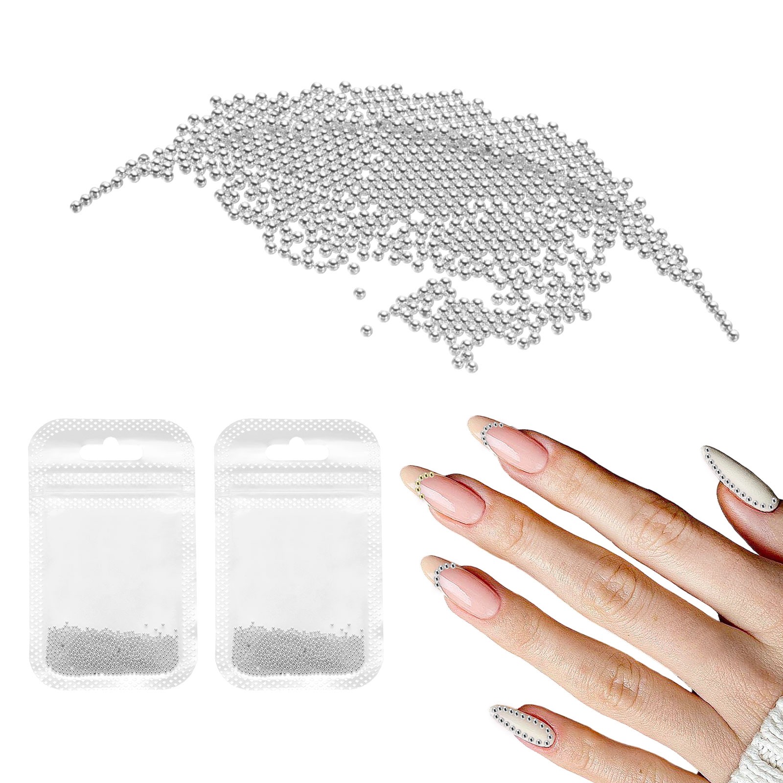 2pcs Nail Art Beads 0.05″ Mini Metal Caviar Nails Beads Ball with Bag White