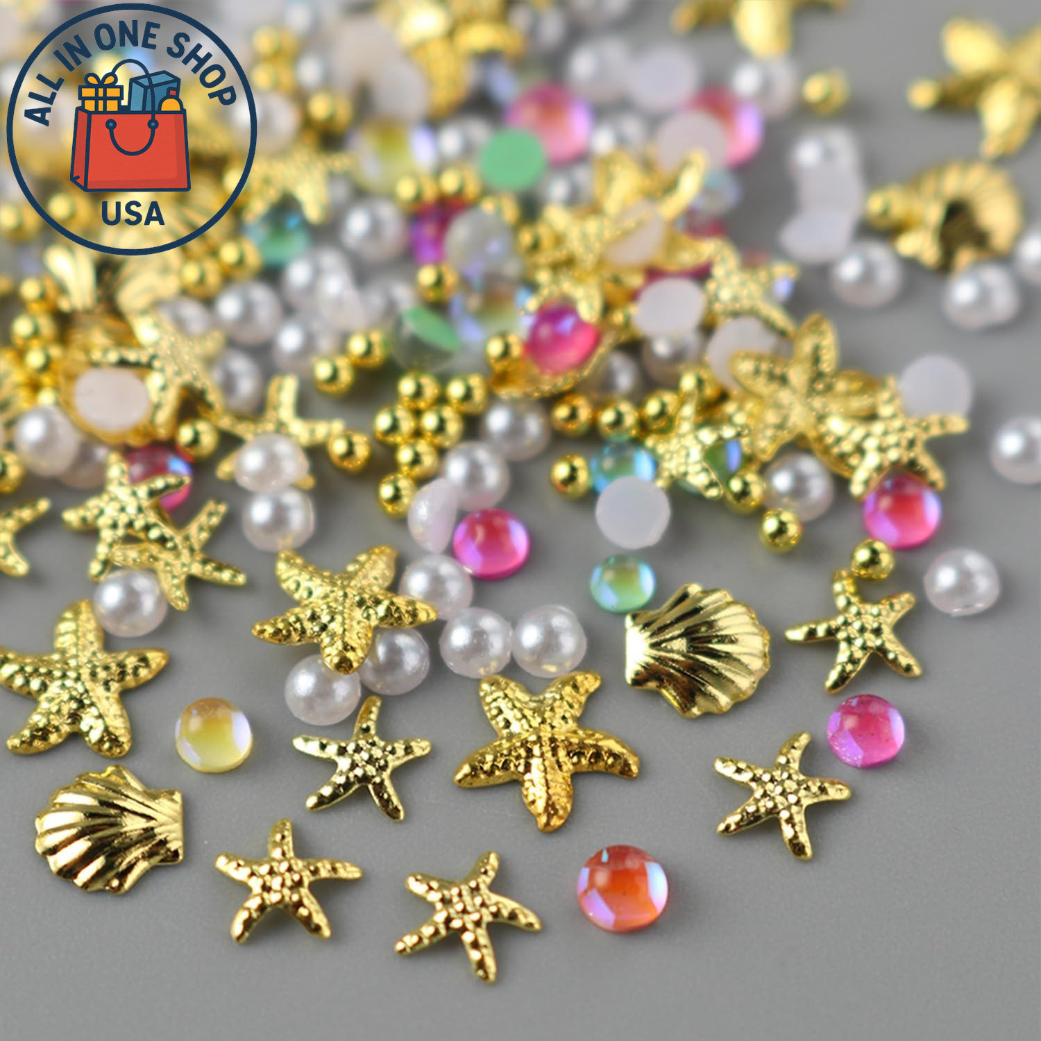 Summer Ocean Nail Art Charms – 3D Gold Starfish & Shell with Pearls