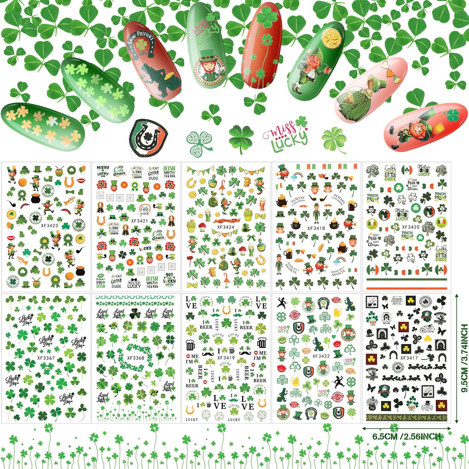 10 Sheets St. Patrick’s Day Nail Art Stickers 3D Self-Adhesive Nail Decals an