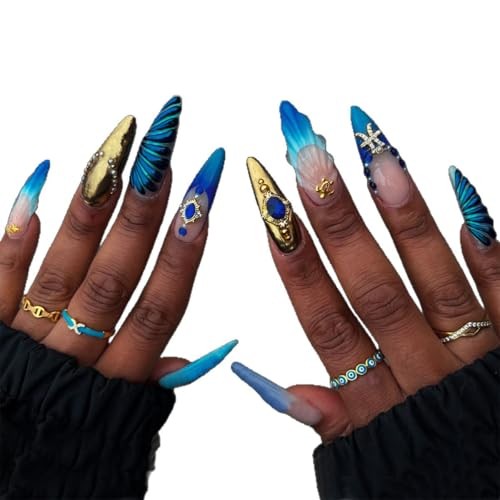 Blue Press on Nails Long Stiletto Fake Nails Ombre blue Ombre diamond Designs