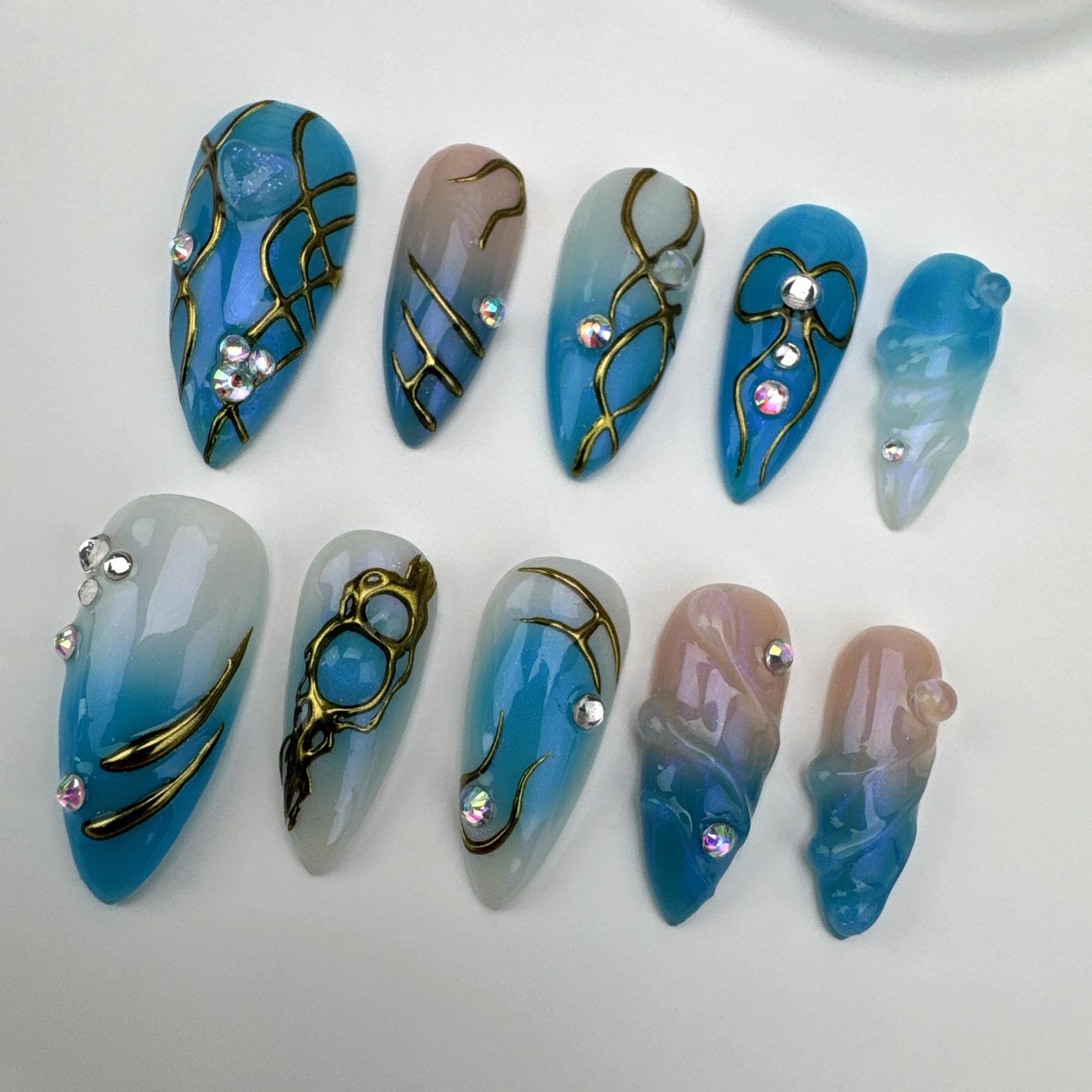 Handmade Blue Gradient Gold Line 3D Wave Rhinestone Long Stiletto Press on Nails