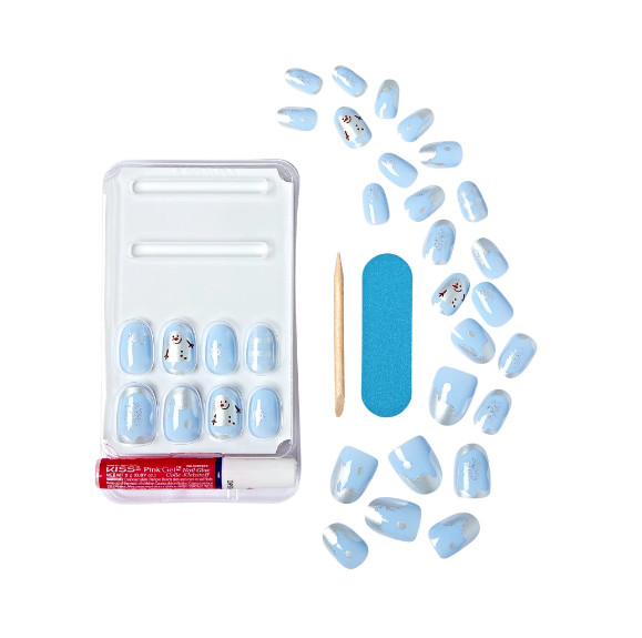 TWO PACK Kiss Voguish Fantasy Holiday Manicure Glue-On Nails Blue Snowman Snow
