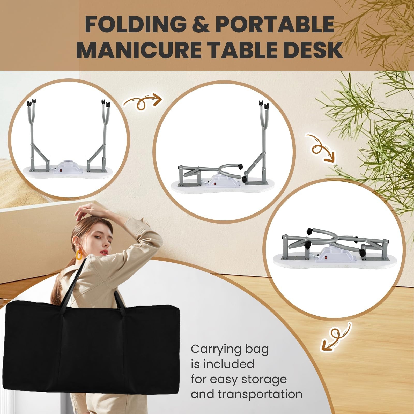 All-in-One Nail Table Manicure Desk with Dust Collector, LED Lamp & Carry Bag, M