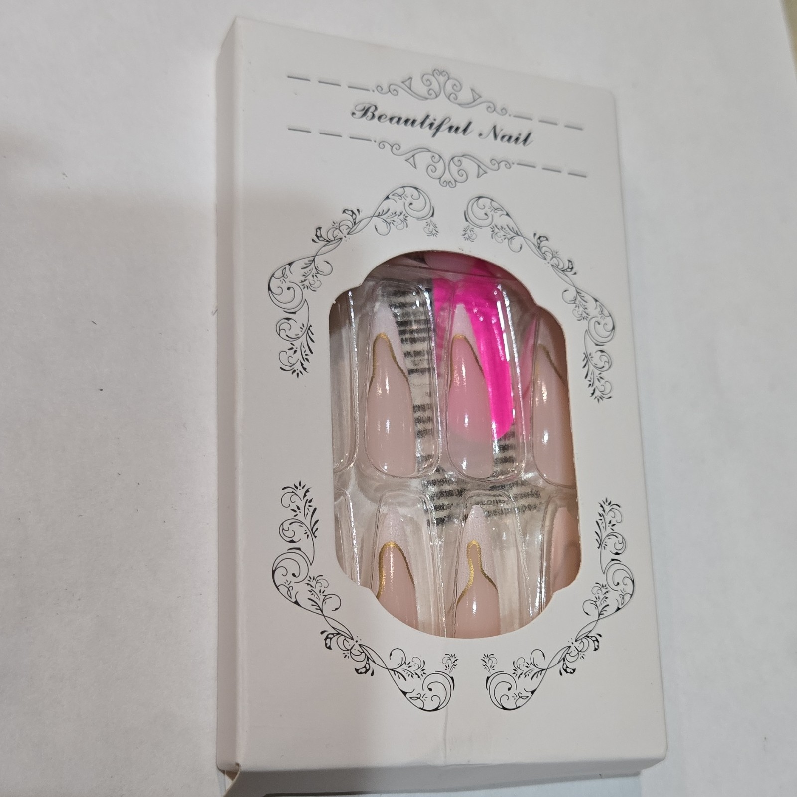 Beautiful Nail Almond Shiny Artificial Nails Full Cover Set Pink Nude Gold Clear