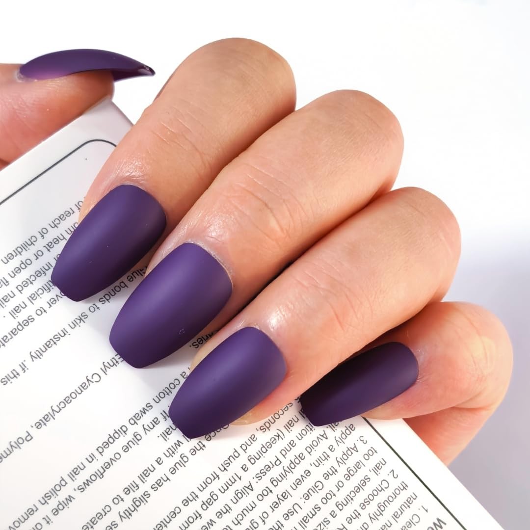 Matte Purple Press-On Nails, Oval Long Reusable Fake Nails,Easy Application M…