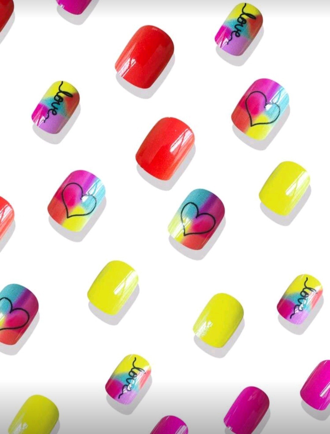 Press-On Nails Retro Summer of Love Yellow Pink Orange Fluorescent Short Shiny