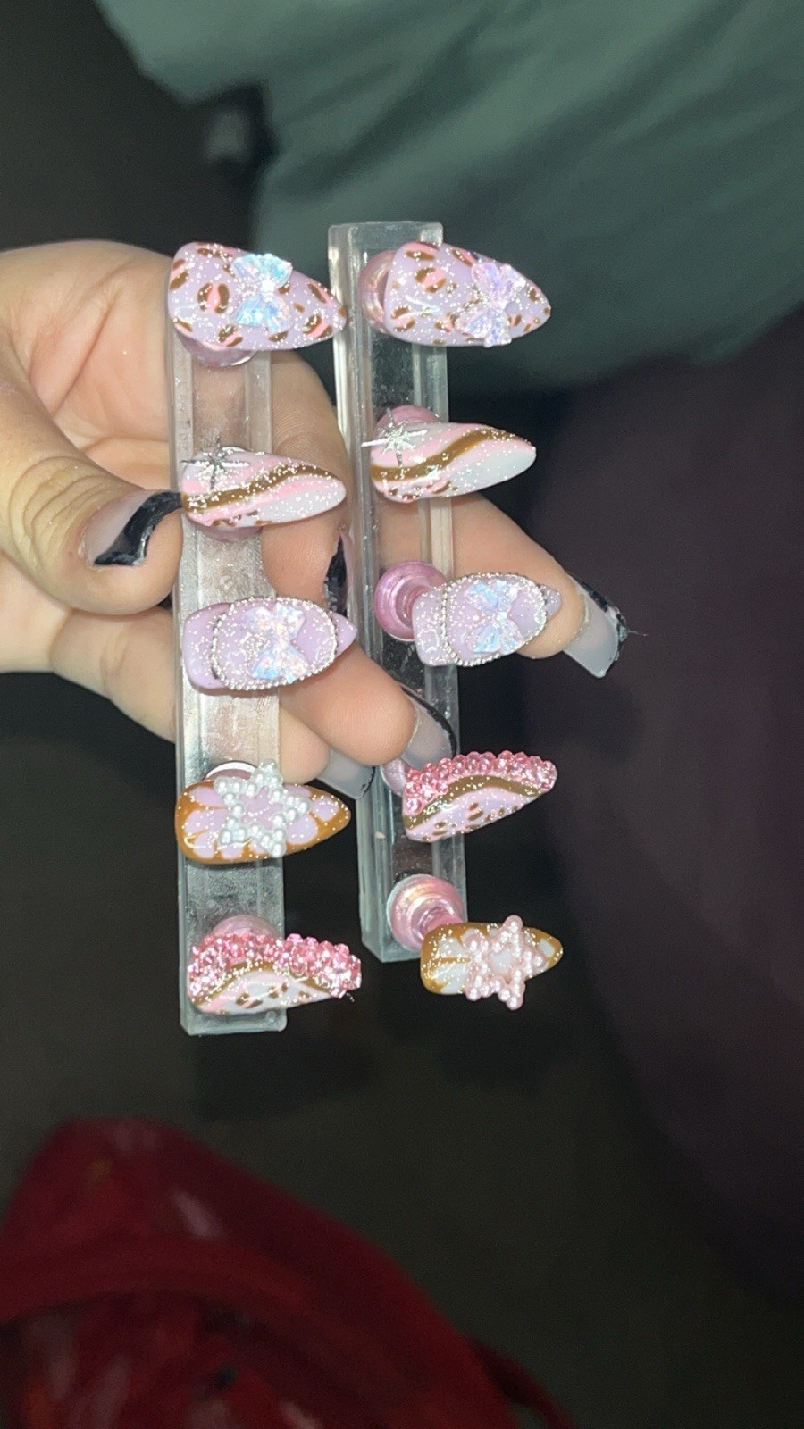 Press-On Nails Set Pink Brown White 3D Glitter Floral Long Coffin Full Cover