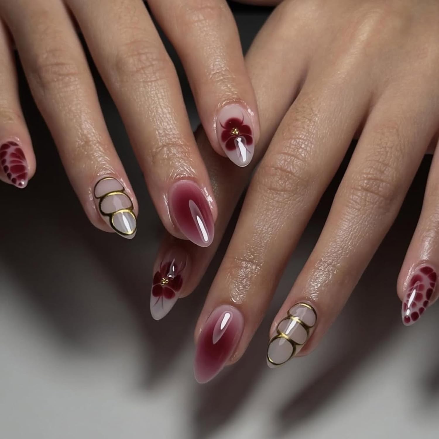 24Pcs French Press On Nails Short Oval Red Hawaii Flower Summer Stick On Nail