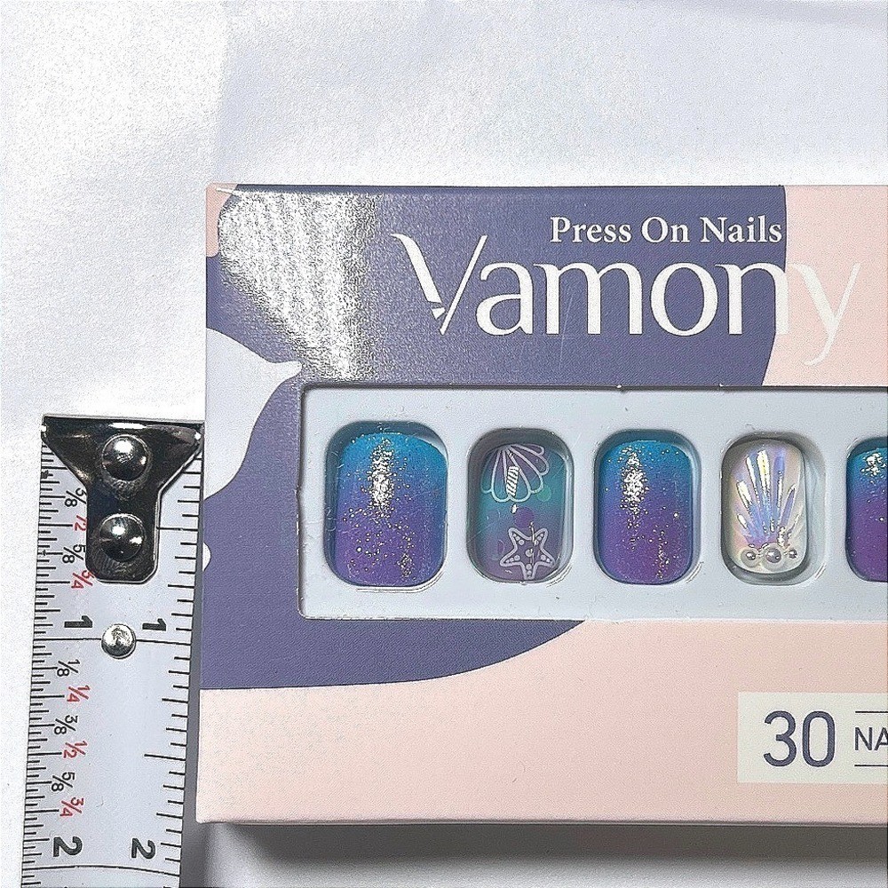 Vamony Mermaid Press On Purple Blue Glitter Shell Starfish Beach Nails 30pcs