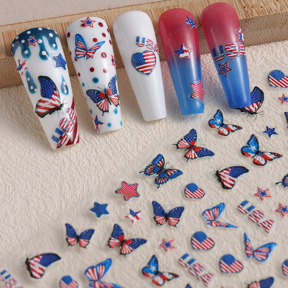 6 Sheets 4th of July Nail Art Stickers 3D Decals Red Blue White American Flags