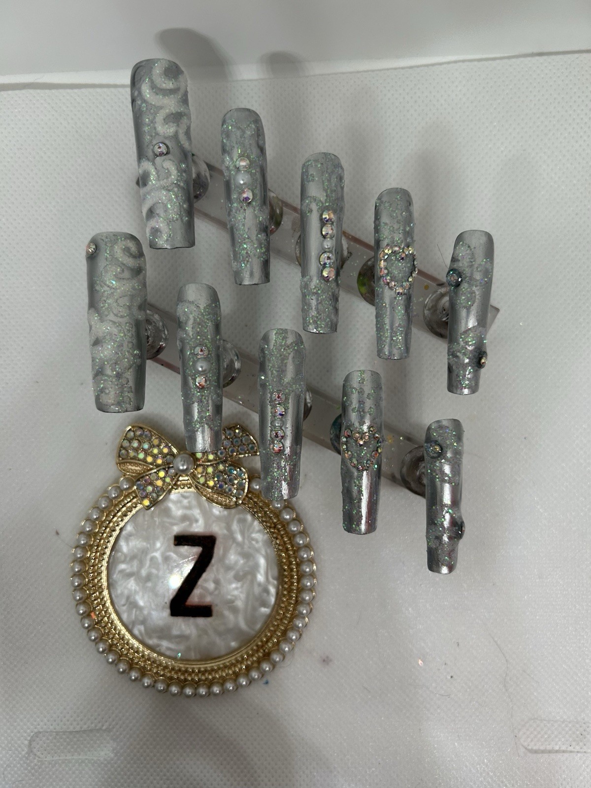Z. NAILZ! Handmade XXL Square Silver Bling Wedding Or Anniversary Press On Nails