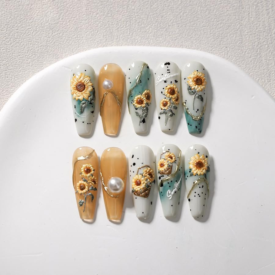 Flower Nail Art Stickers 5D Embossed Sunflower Nails Sticker for Nail Art Self-A