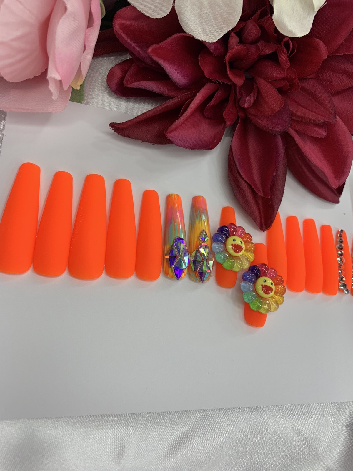 press on nails handmade| Happy Smiley| xL Coffin Set Matte Orange