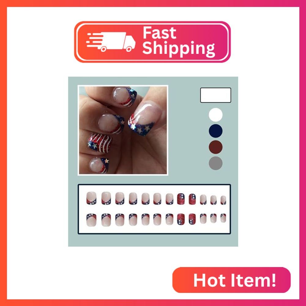 Tyuimhx 4th of July Press on Nails Short Square Independence Day Patriotic Fake