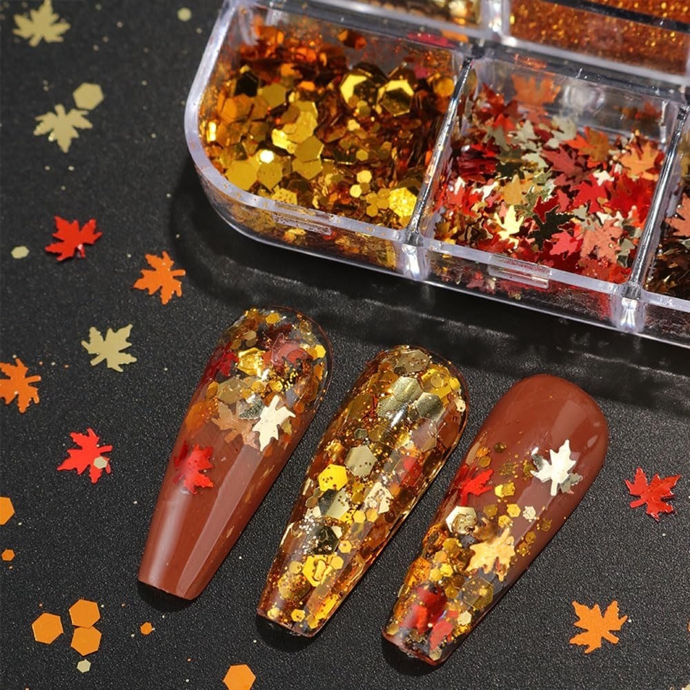 Fall Glitter Nail Art Sequins 6 Box Set Maple Leaf Gold Flakes 3D Decor