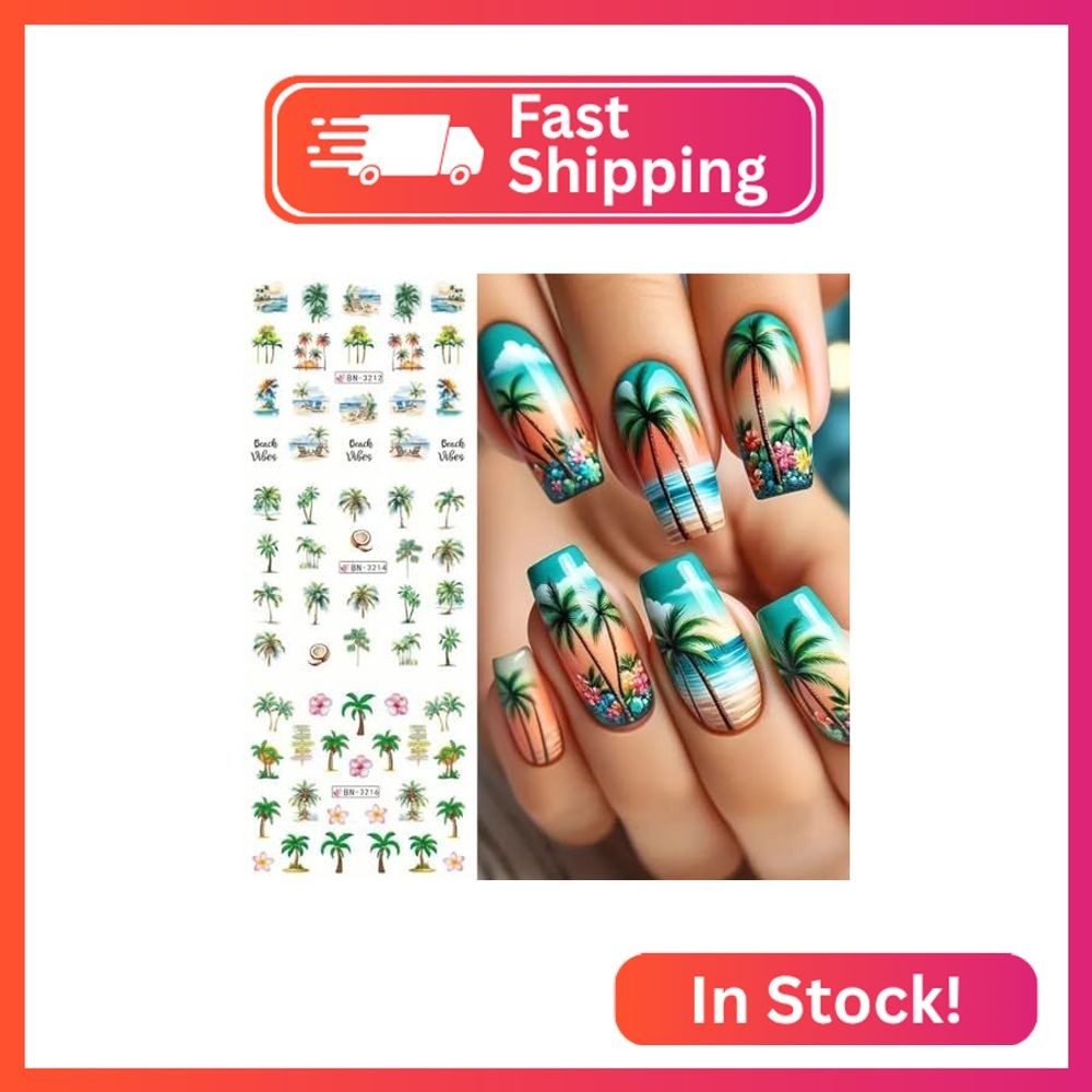 Summer Coconut Tree Nail Art Stickers Water Transfer Nail Decals 12PCS Palm Tree