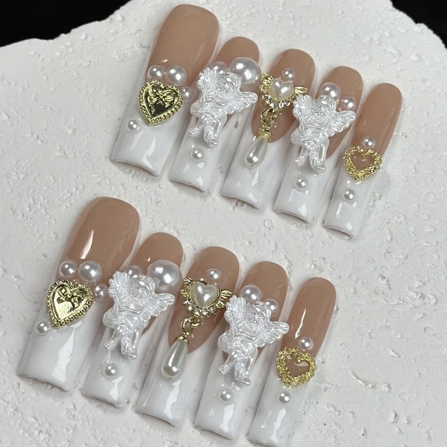 Y2K Angel Vibes Press-On Nails – Long Coffin w/ Pearls & 3D Art | TikTok Trendy